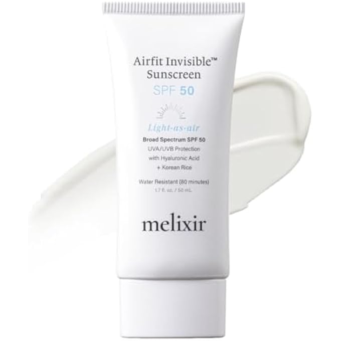 Melixir AIRFIT INVISIBLE SUNSCREEN SPF 50, BROAD SPECTRUM KOREAN RICE SUNSCREEN FOR FACE, HYALURONIC ACID, MOISTURIZING DAILY PROTECTION FOR SENSITIVE SKIN, NO WHITE CAST, SWEAT-PROOF (1.7 FL.OZ.) - Image 1